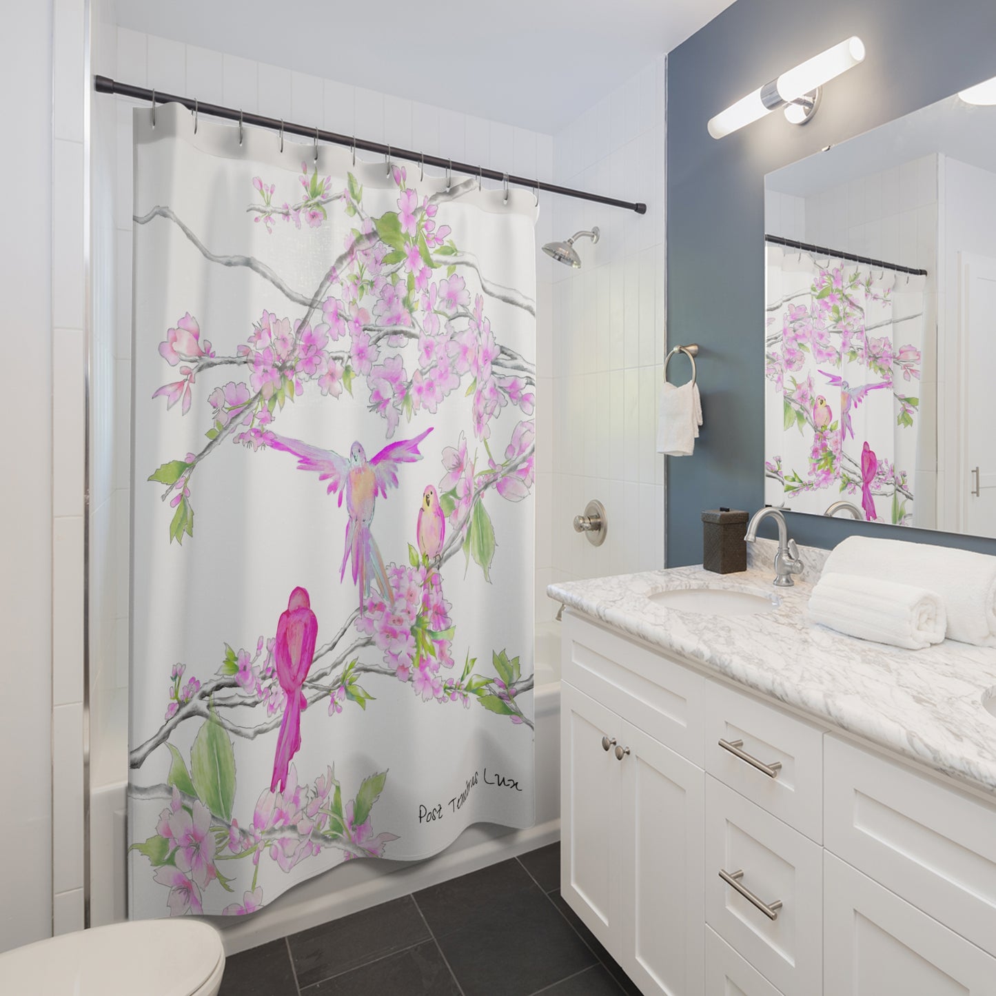 Pilgrim Cherry Chirp Shower Curtains, Water-color Cherry Blossoms With Birds Fluttering in the Branches, Post Tenebras Lux