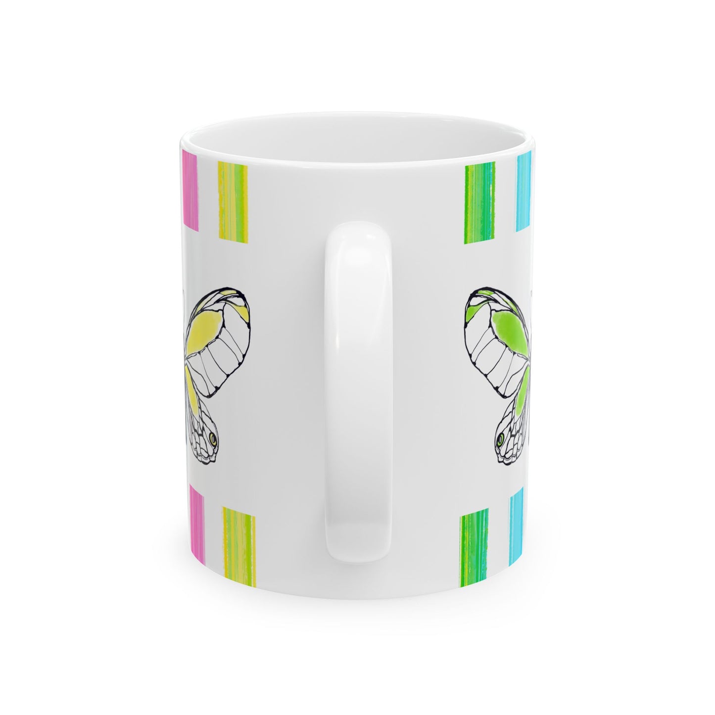 Butterfly Rainbow Stripe Ceramic Mug in Pink, Yellow, and Green with Multi-color Striped Border, (Available in 2 sizes 11oz and 15oz)
