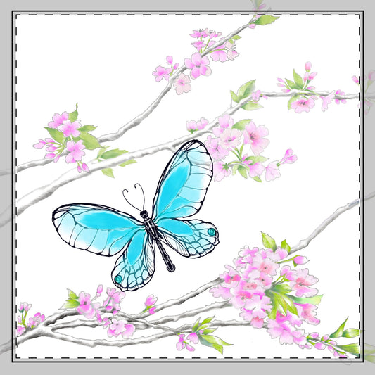 Butterfly Blossom Romp Cotton Twill Napkin , Aqua , Fabric Background Creamy White, #1