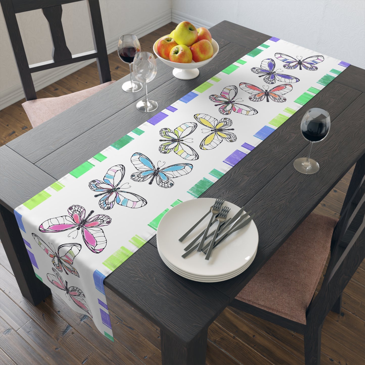 Butterfly Flutterstripe Table Runner in Multi-color With Blue/Green Border 1 size ( 16" Γ 72") (available in Cotton (Creamier) & Polyester (Whiter)