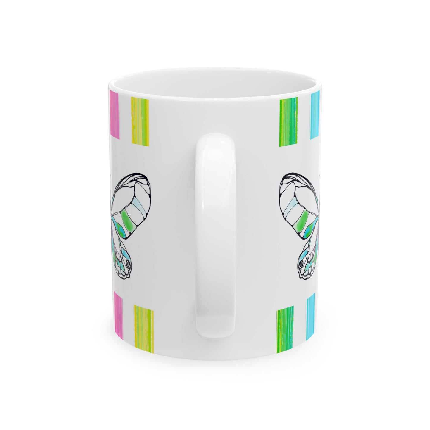 Butterfly Rainbow Stripe Ceramic Mug in Green with Multi-color Striped Border, (Available in 2 sizes 11oz and 15oz)