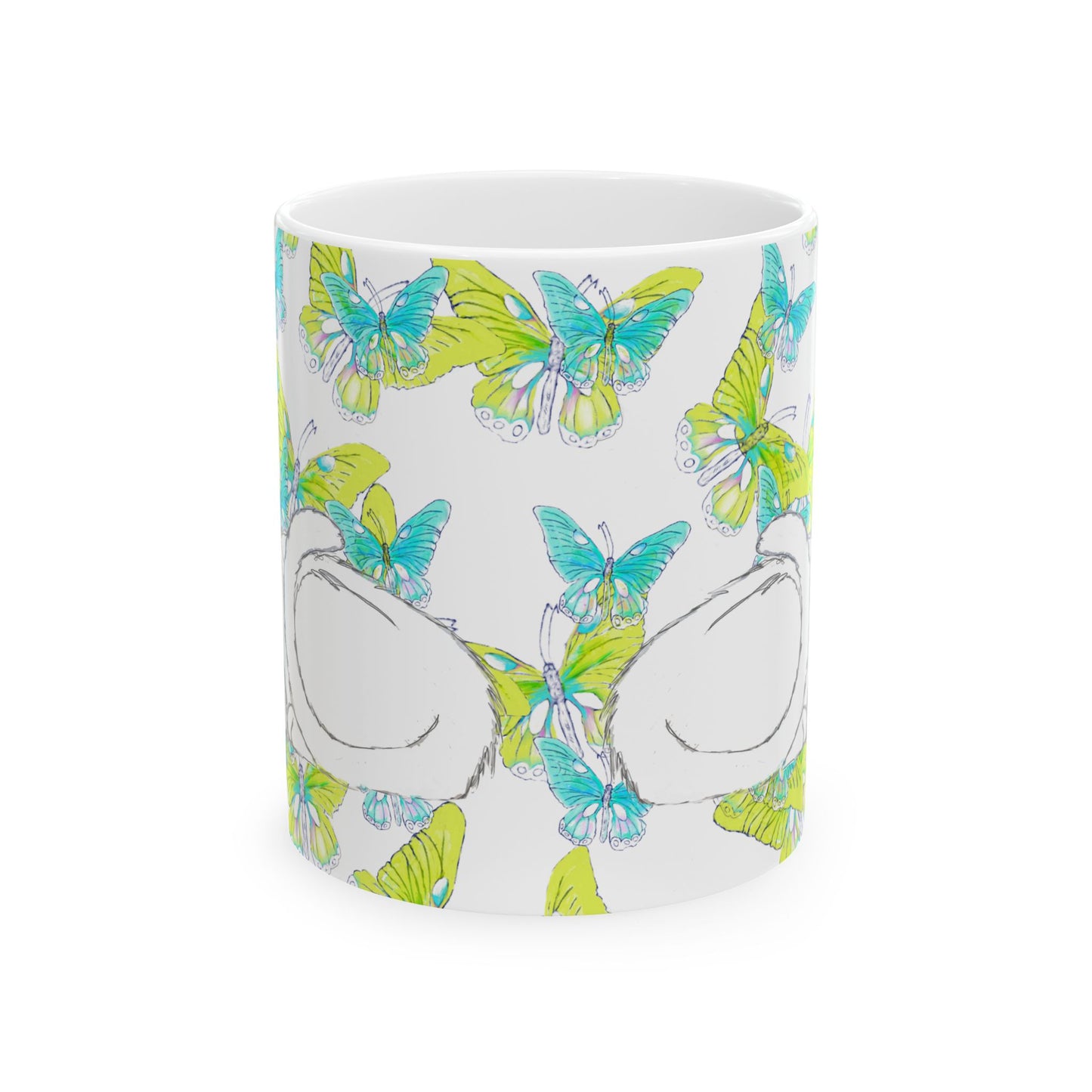 Kitty Flutter Ceramic Mug, Aqua/Lime, (11oz, 15oz)