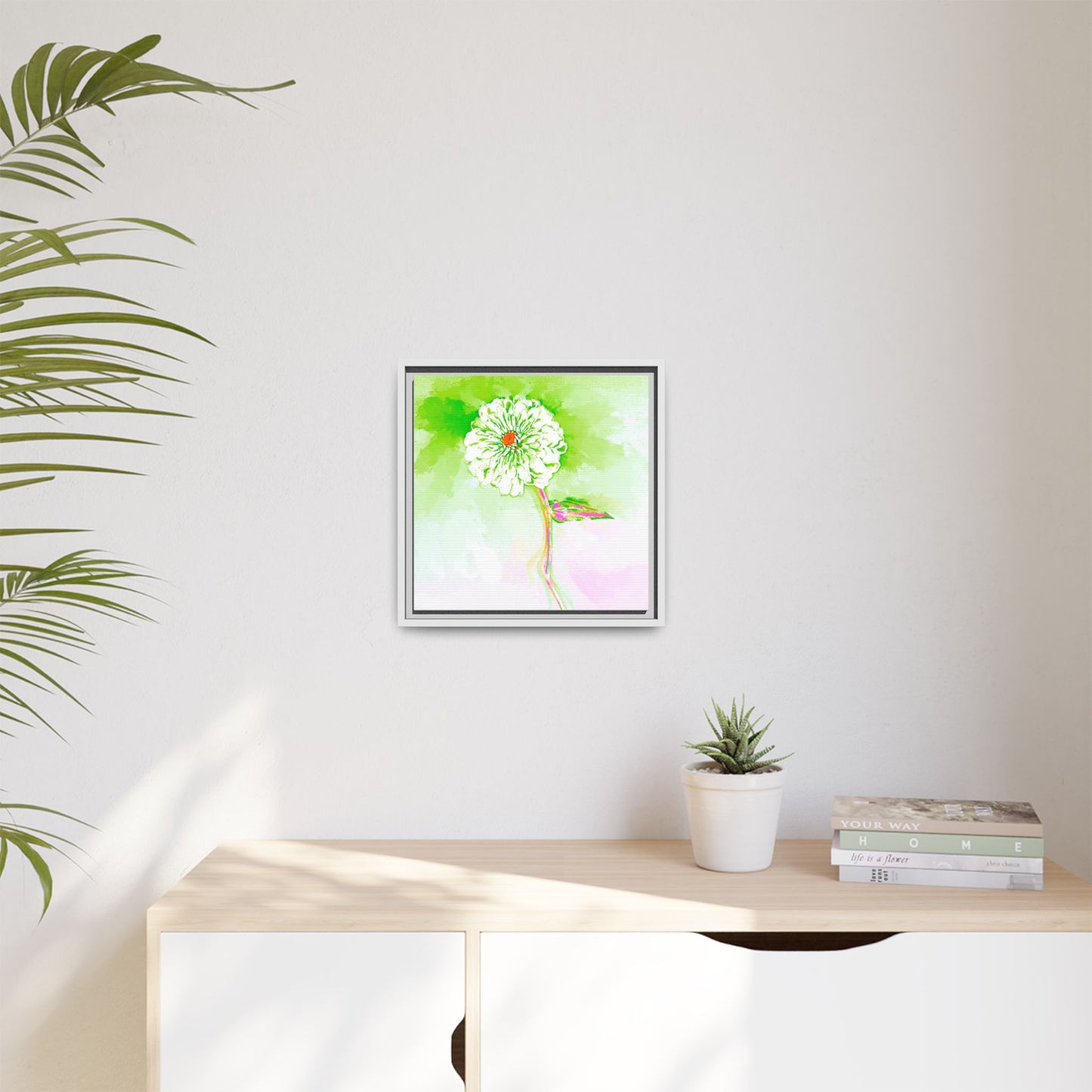 Zinnia Color Splash Matte Canvas Yellow Green Framed