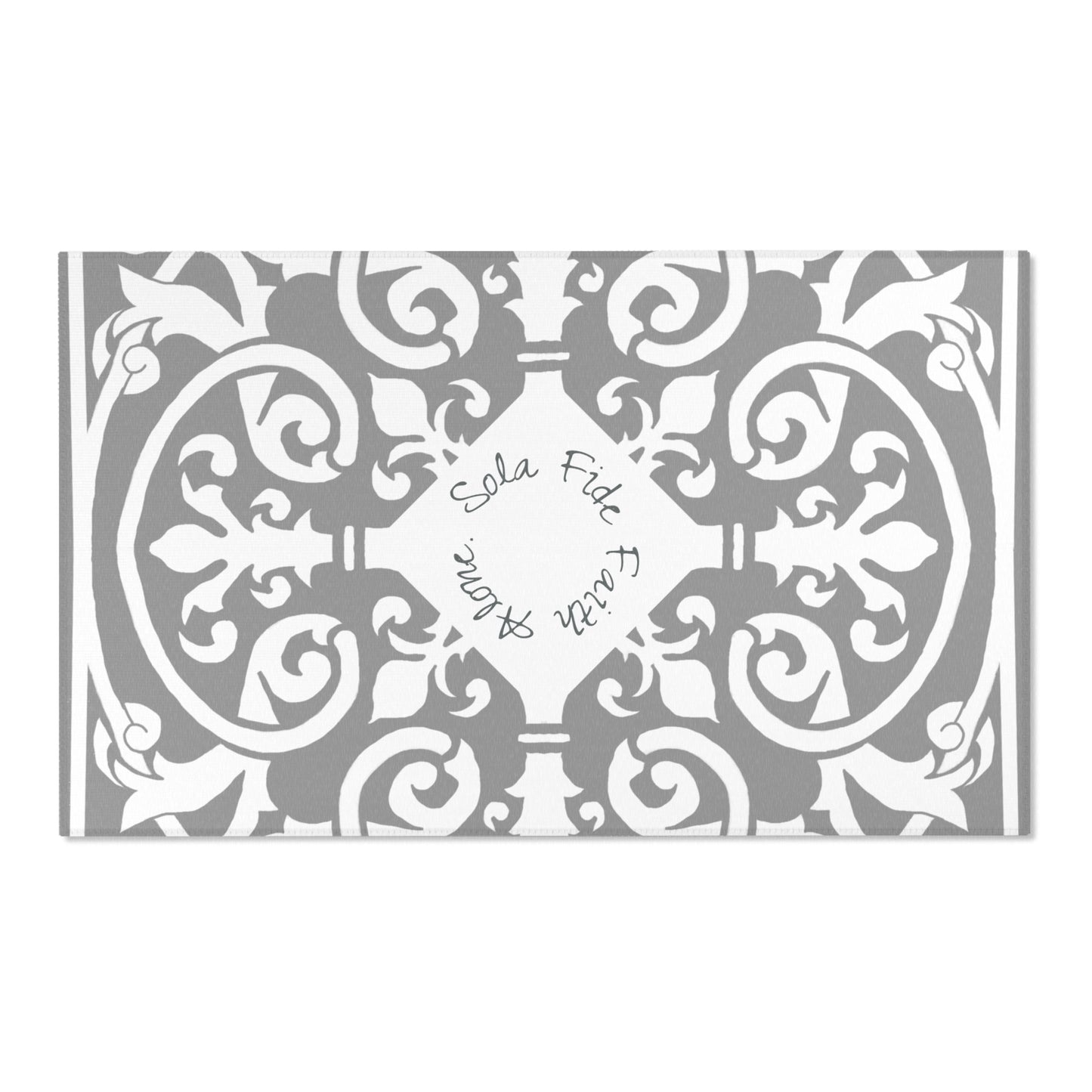 Scrollwork Indoor/Outdoor Rug Gray "Sola Fide..."
