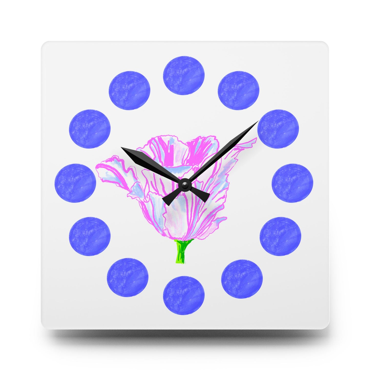 Tulip Love Acrylic Wall Clock, Blue dots Pink Tulip