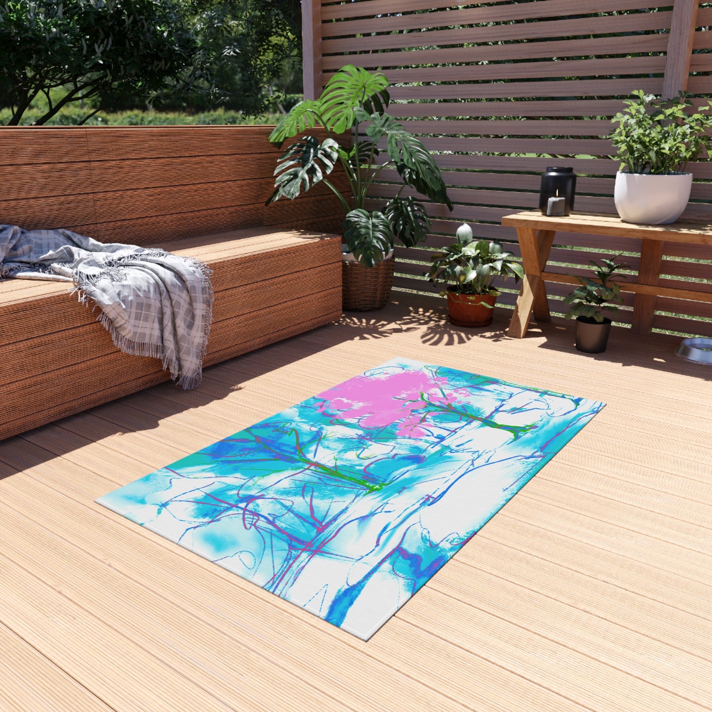 Joyful Landscapes Indoor/Outdoor Rug , Pink and Blue, Non-slip