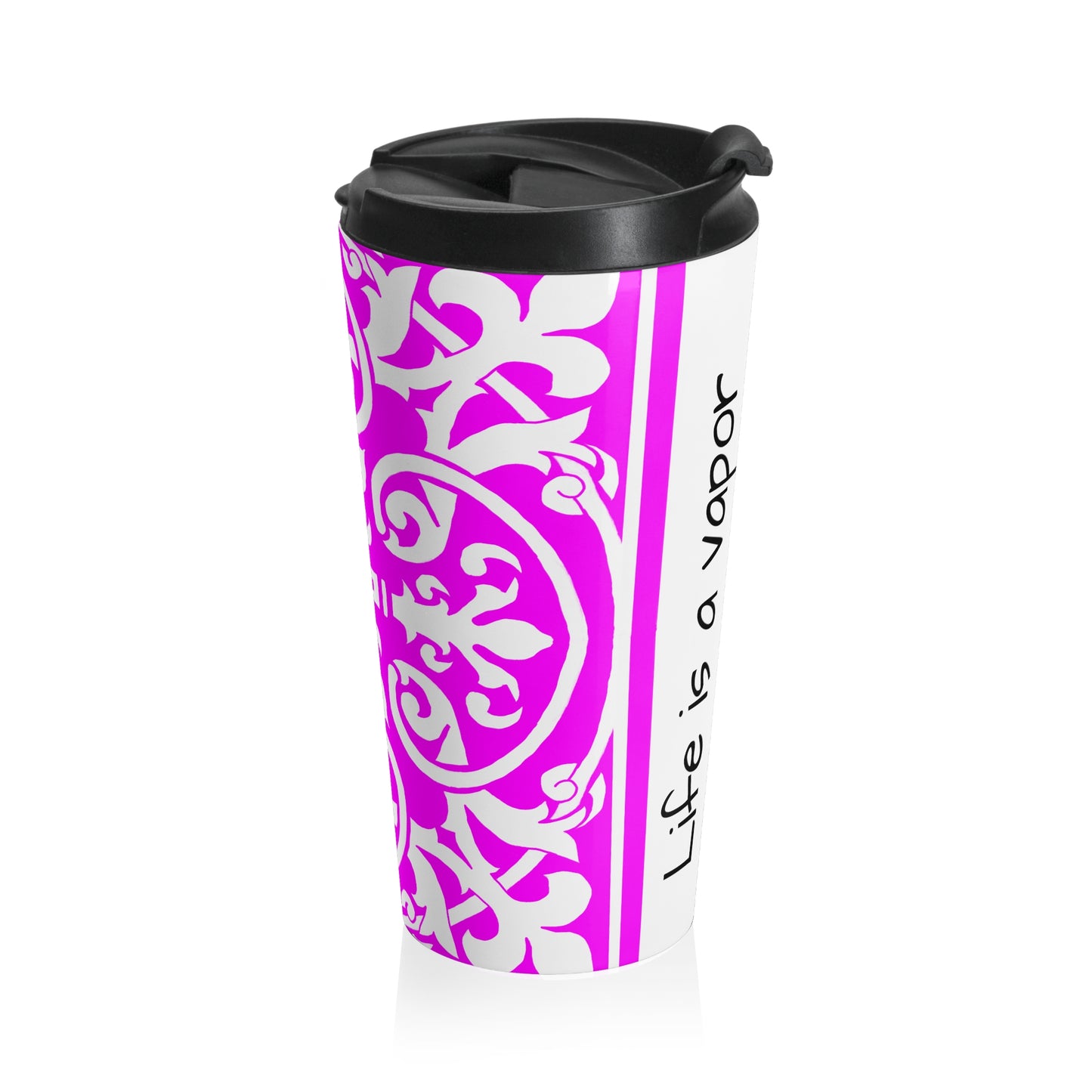 Scrollwork Stainless Steel Travel Mug "Life is a vapor"