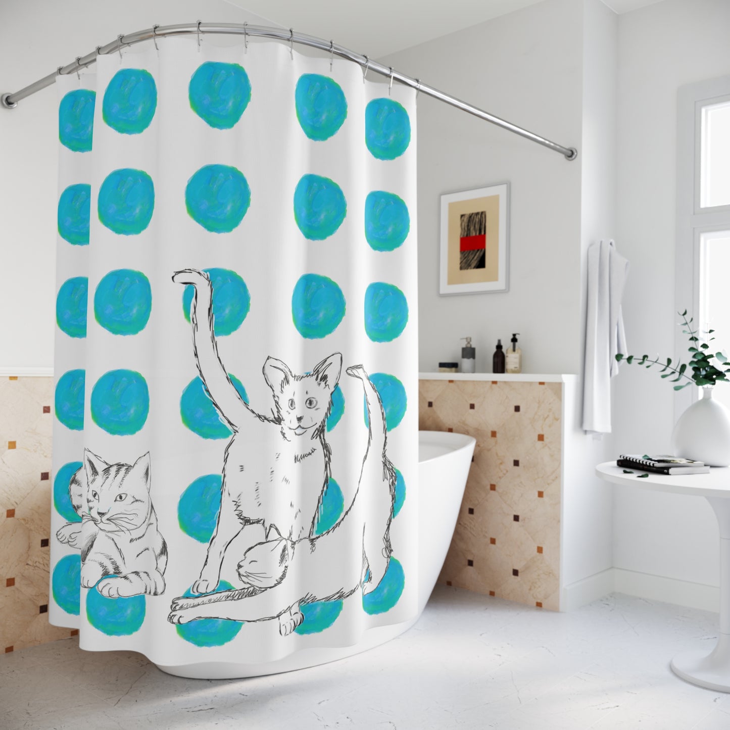 Kitty Fun Shower Curtains Aqua Polka Dots