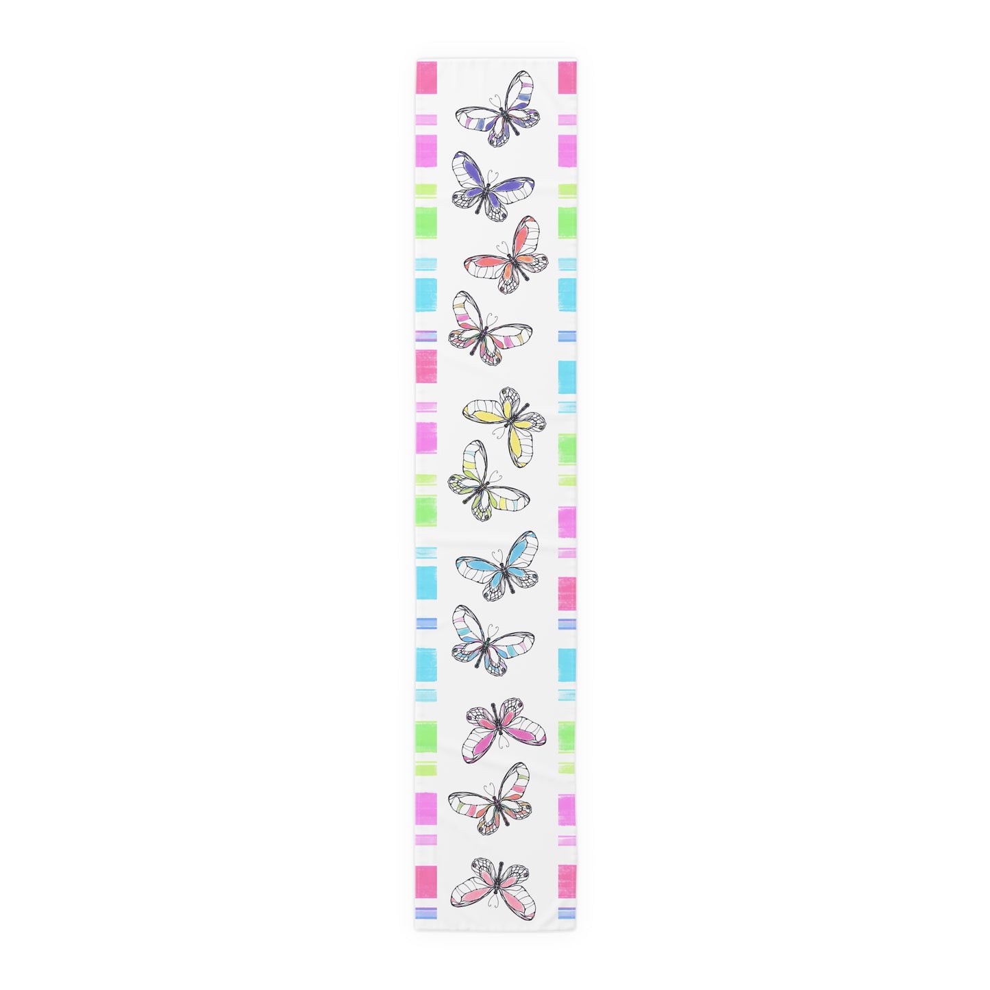 Butterfly Flutterstripe Table Runner in Multi-color With Pink, Blue, Green Border 1 size ( 16" × 90")  (available in Cotton (Creamier) & Polyester (Whiter)