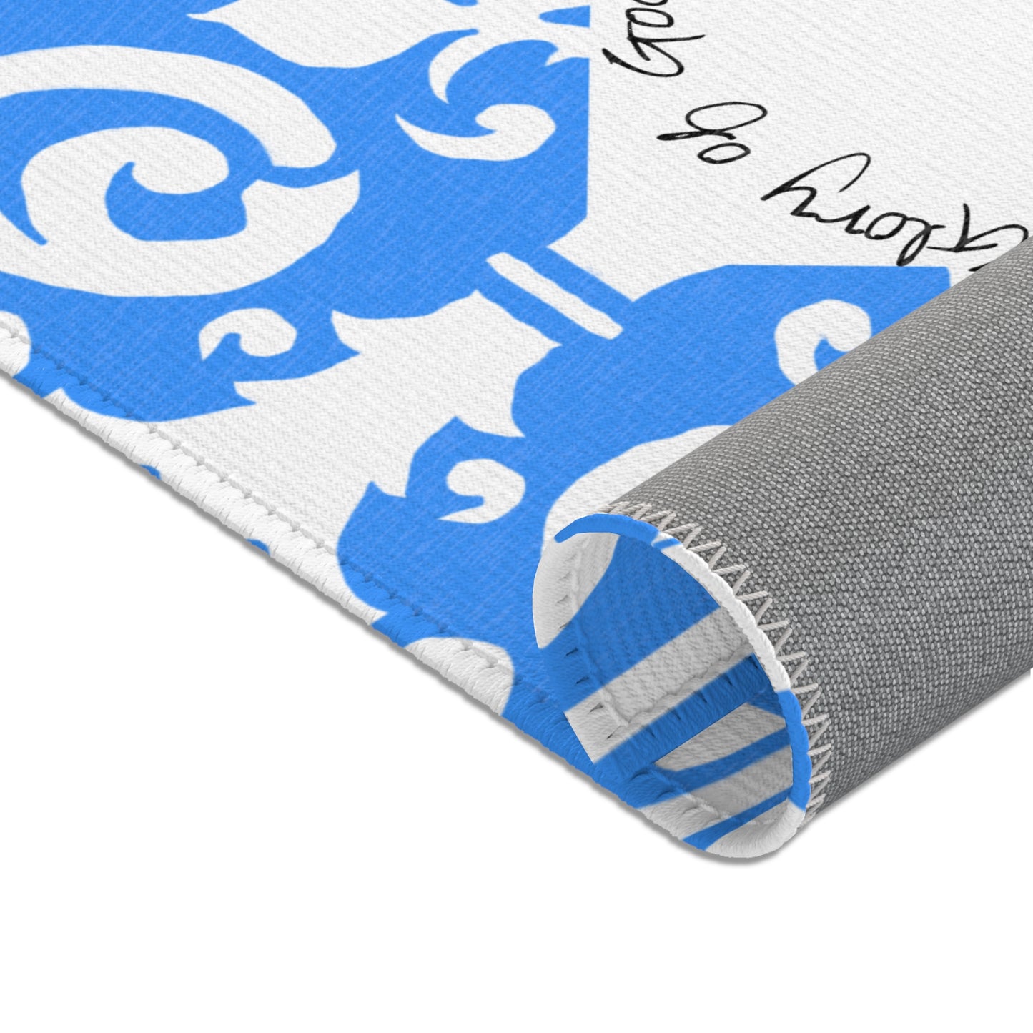 Scrollwork Indoor/Outdoor Rug Blue "Soli Deo Gloria..."