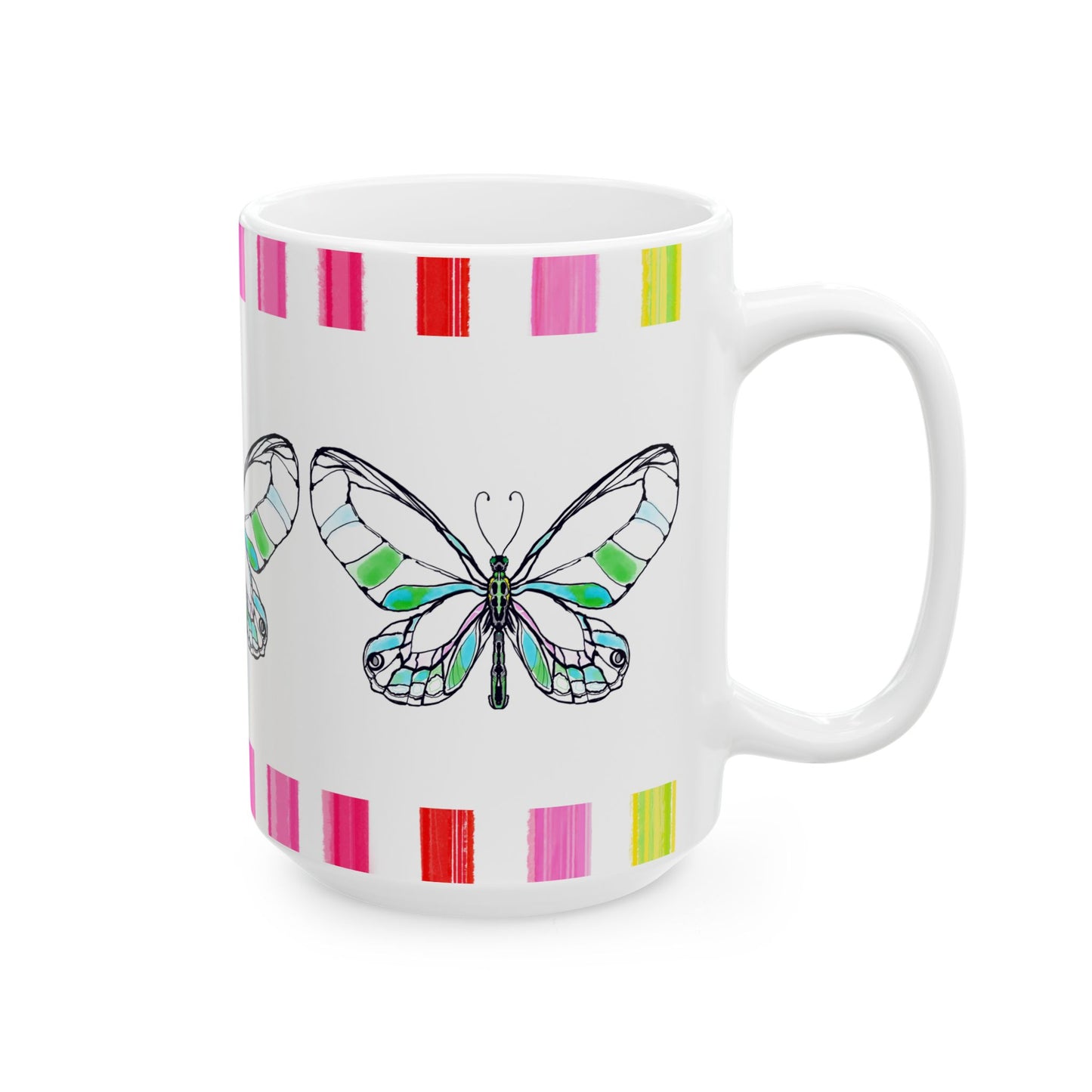 Butterfly Rainbow Stripe Ceramic Mug in Green with Multi-color Striped Border, (Available in 2 sizes 11oz and 15oz)