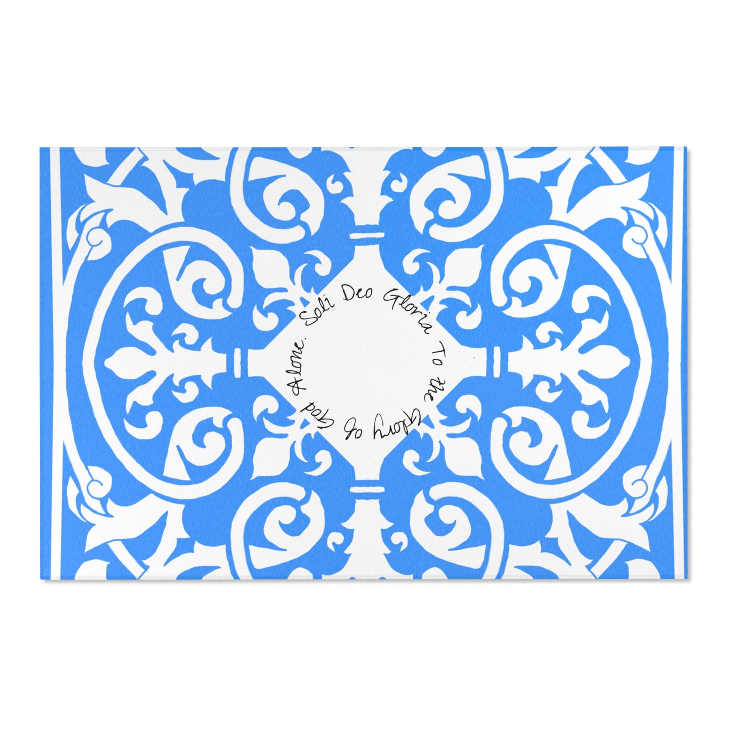 Scrollwork Indoor/Outdoor Rug Blue "Soli Deo Gloria..."