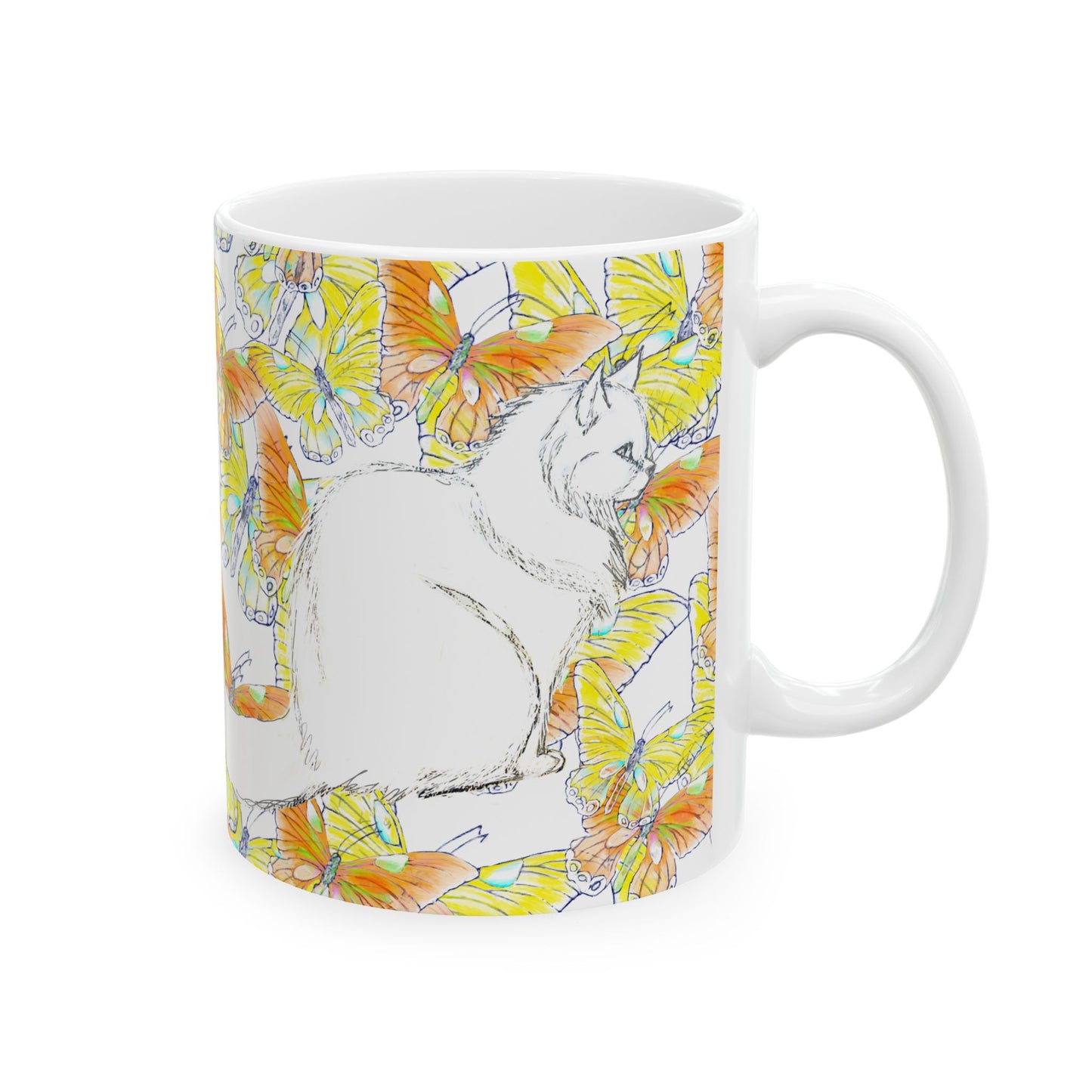 Kitty Flutter Ceramic Mug, Yellow Lime, (11oz, 15oz)