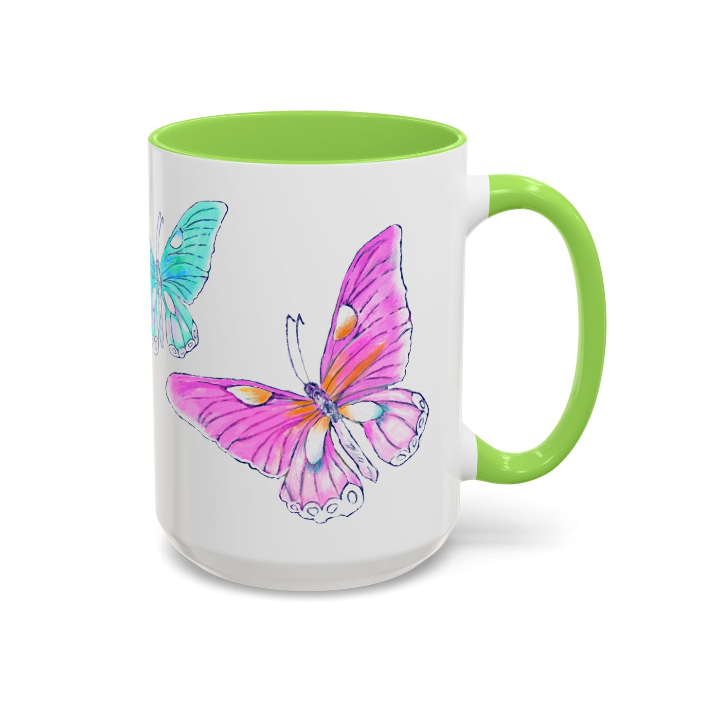 Butterfly Swing, Inside Green Colorful Mugs, Main Butterfly Yellow Green (11oz, 15oz)