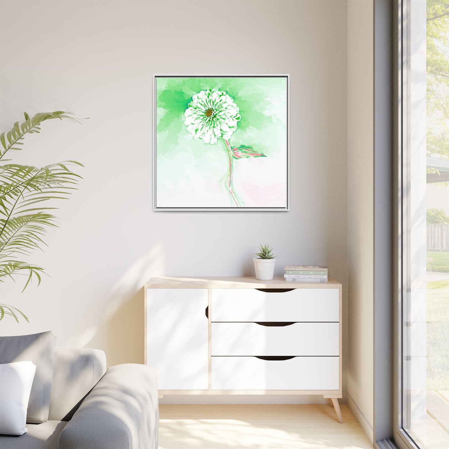 Zinnia Color Splash Matte Canvas Soft Green Framed