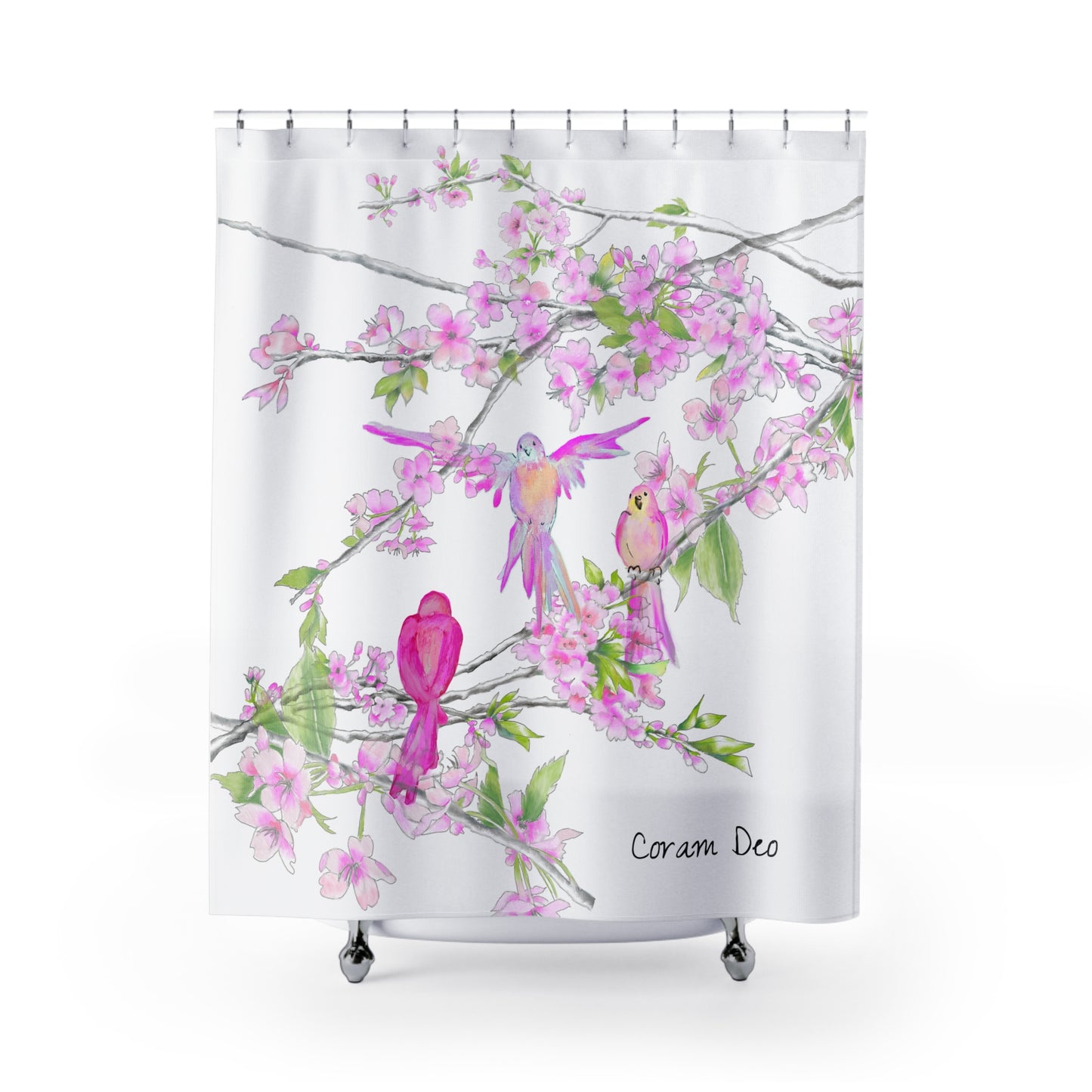 Cherry Chirp Shower Curtains, Coram Deo