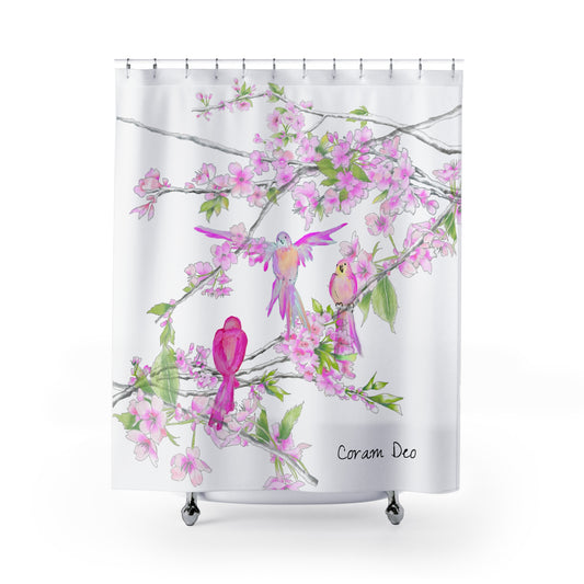 Cherry Chirp Shower Curtains, Coram Deo