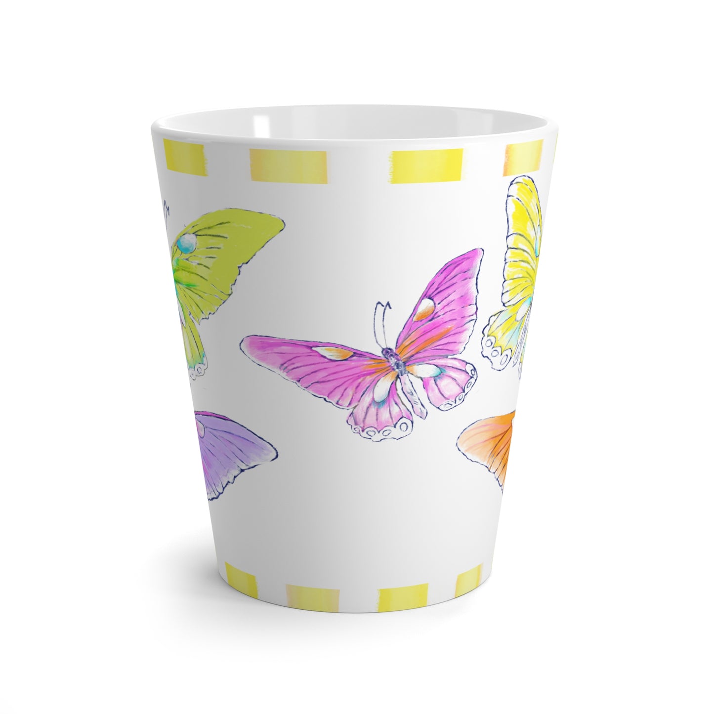 Butterfly Swing Latte Mug Aqua, Pink, Lilac. Orange, Yellow Butterflies, Yellow Stripe