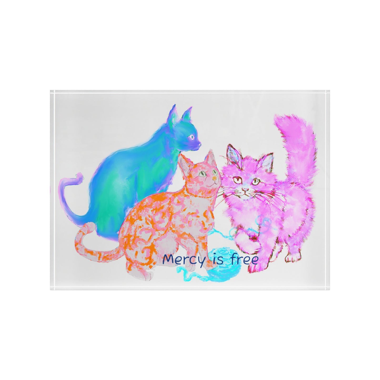 Colorful Cats & Dogs Acrylic Art Block 3 Cats Blue, Orange ,Pink-Mercy is free