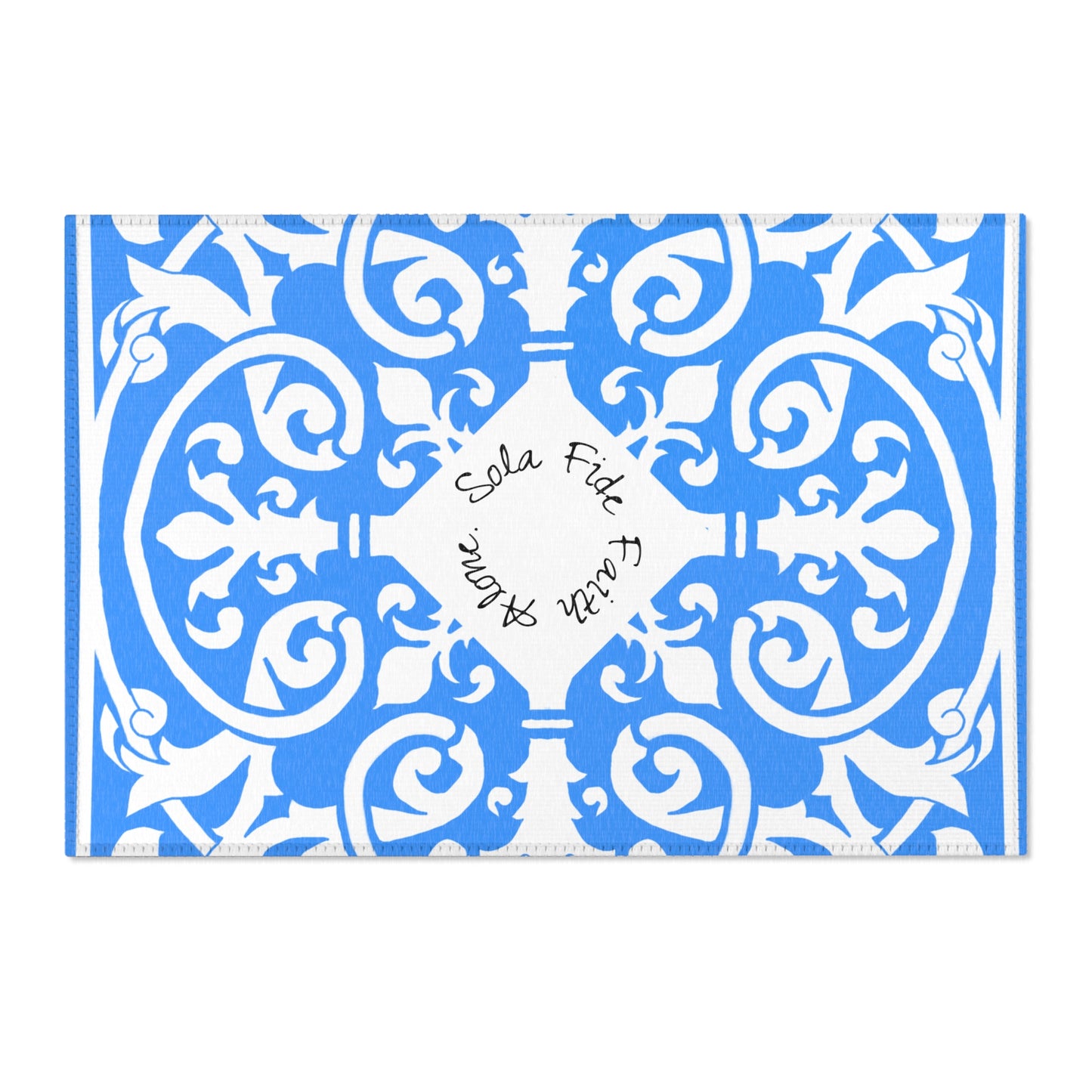 Scrollwork Indoor/Outdoor Rug Blue "Sola Fide..."