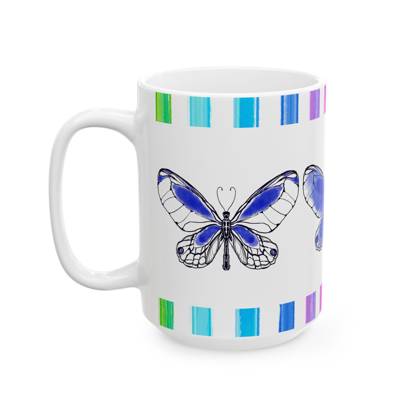 Butterfly Rainbow Stripe Ceramic Mug in Royal Blue with Multi-color Striped Border, (Available in 2 sizes 11oz and 15oz)