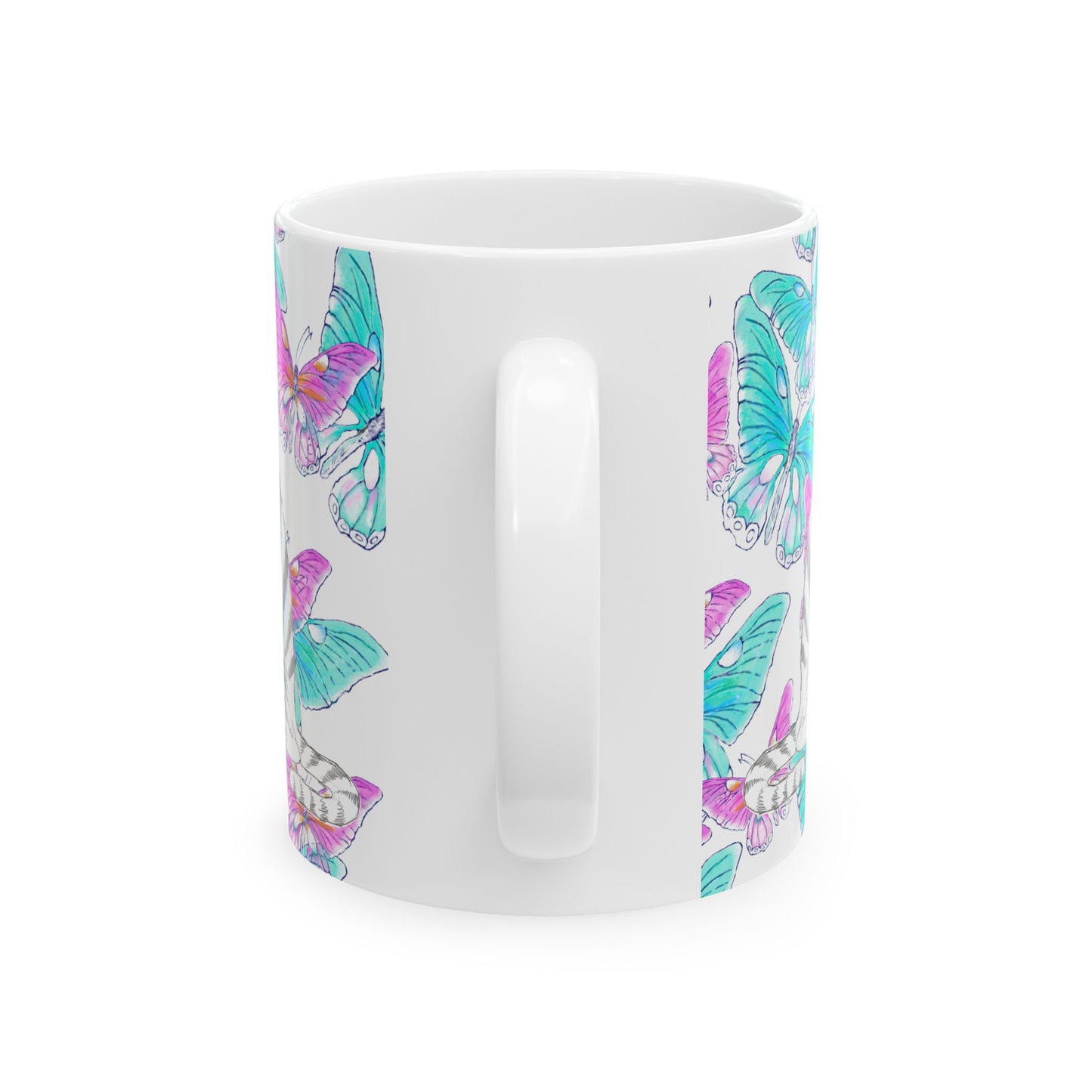 Kitty Flutter Ceramic Mug, Pink/Aqua, (11oz, 15oz)