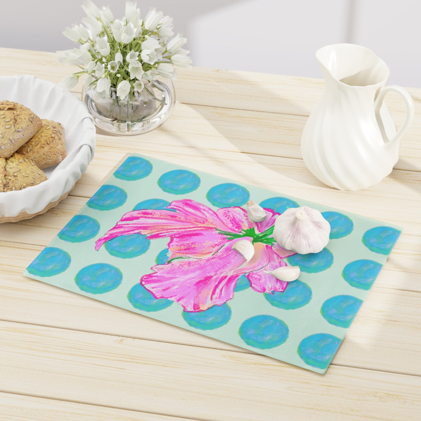 Dancing Tulips Cutting Board, Aqua Polka Dots