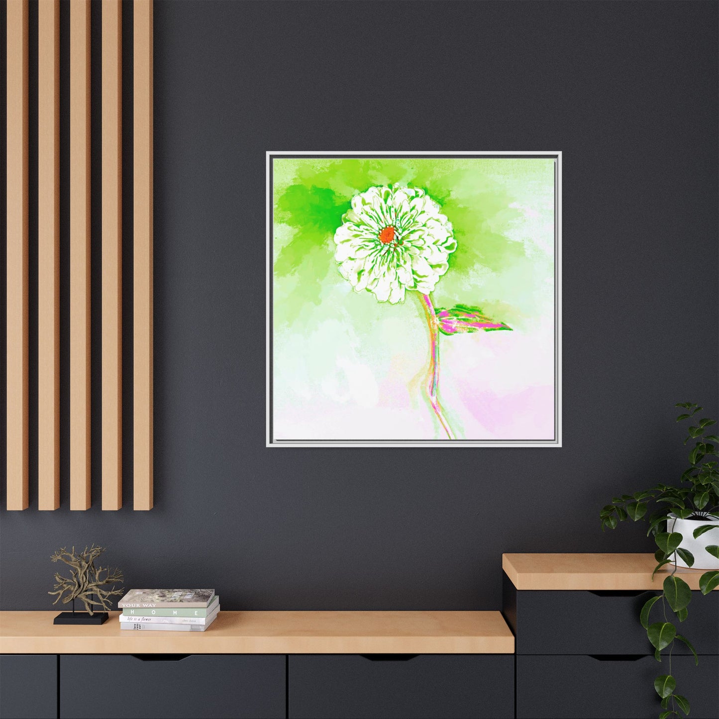 Zinnia Color Splash Matte Canvas Yellow Green Framed