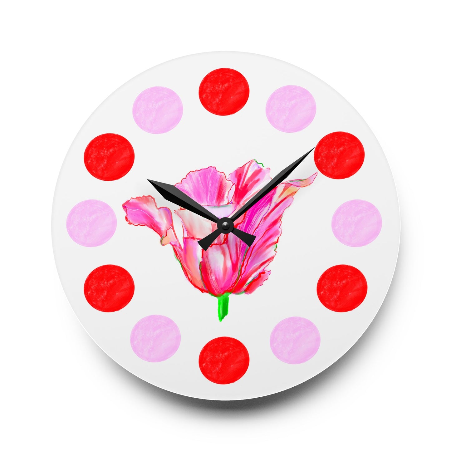 Tulip Love Acrylic Wall Clock, Pink and Red Polka Dots Tulip