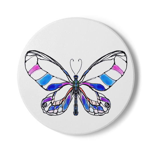 Butterfly Blossom Romp Ceramic Coaster, Multi Color, Blue and Pink