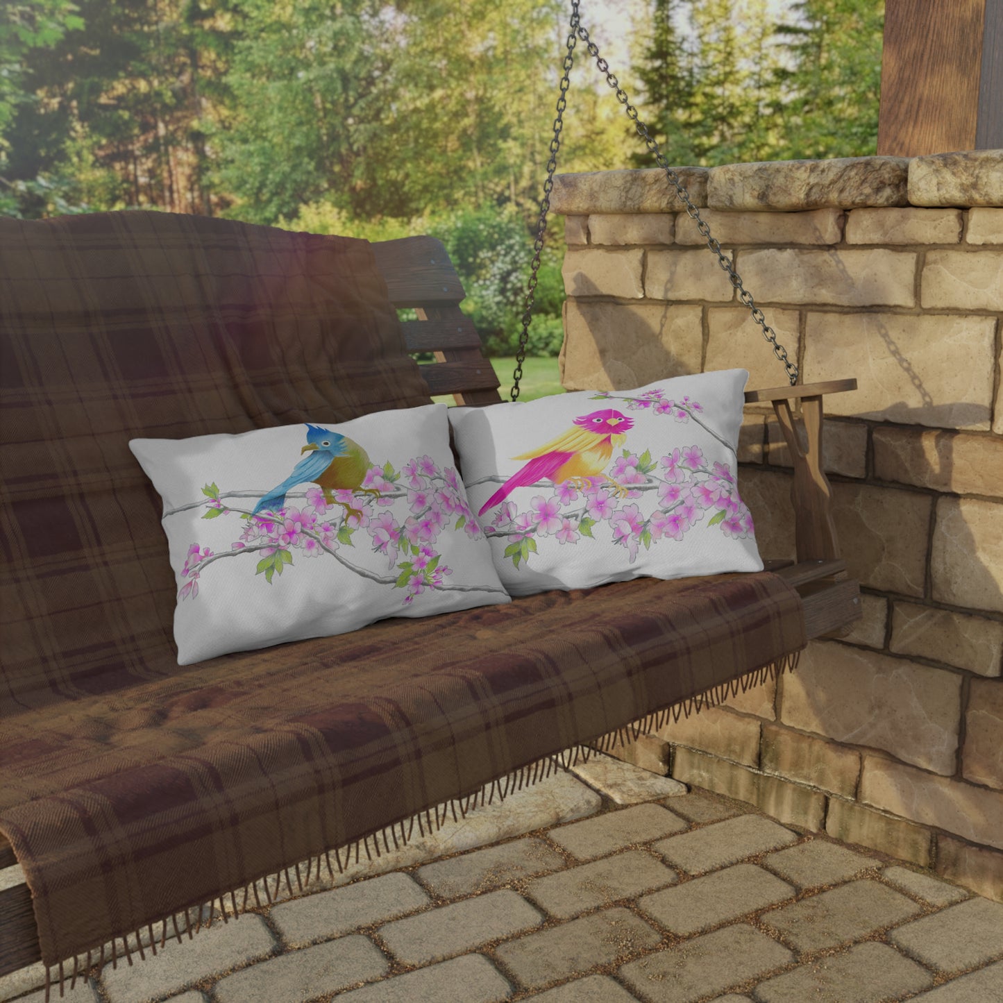 Outdoor Pillows Lumbar Birdies and Cherry Blossoms