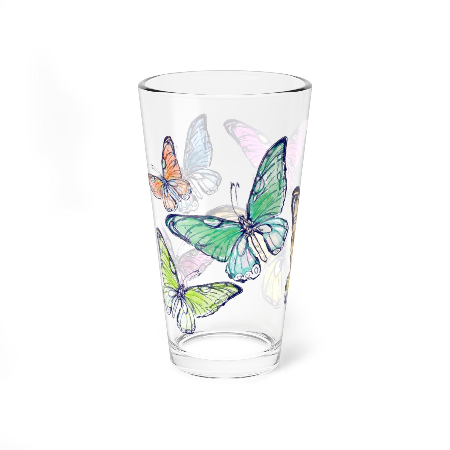Blossom Whirl Pint Glass, 16oz Largest Butterfly is Yellow Orange