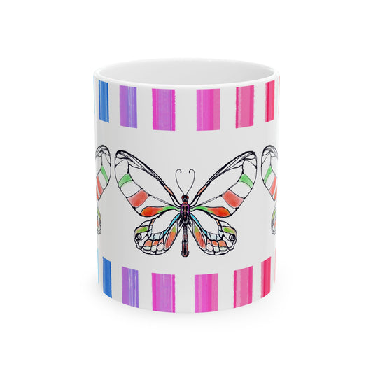 Butterfly Rainbow Stripe Ceramic Mug in Orange and Green with Multi-color Striped Border, (Available in 2 sizes 11oz and 15oz)