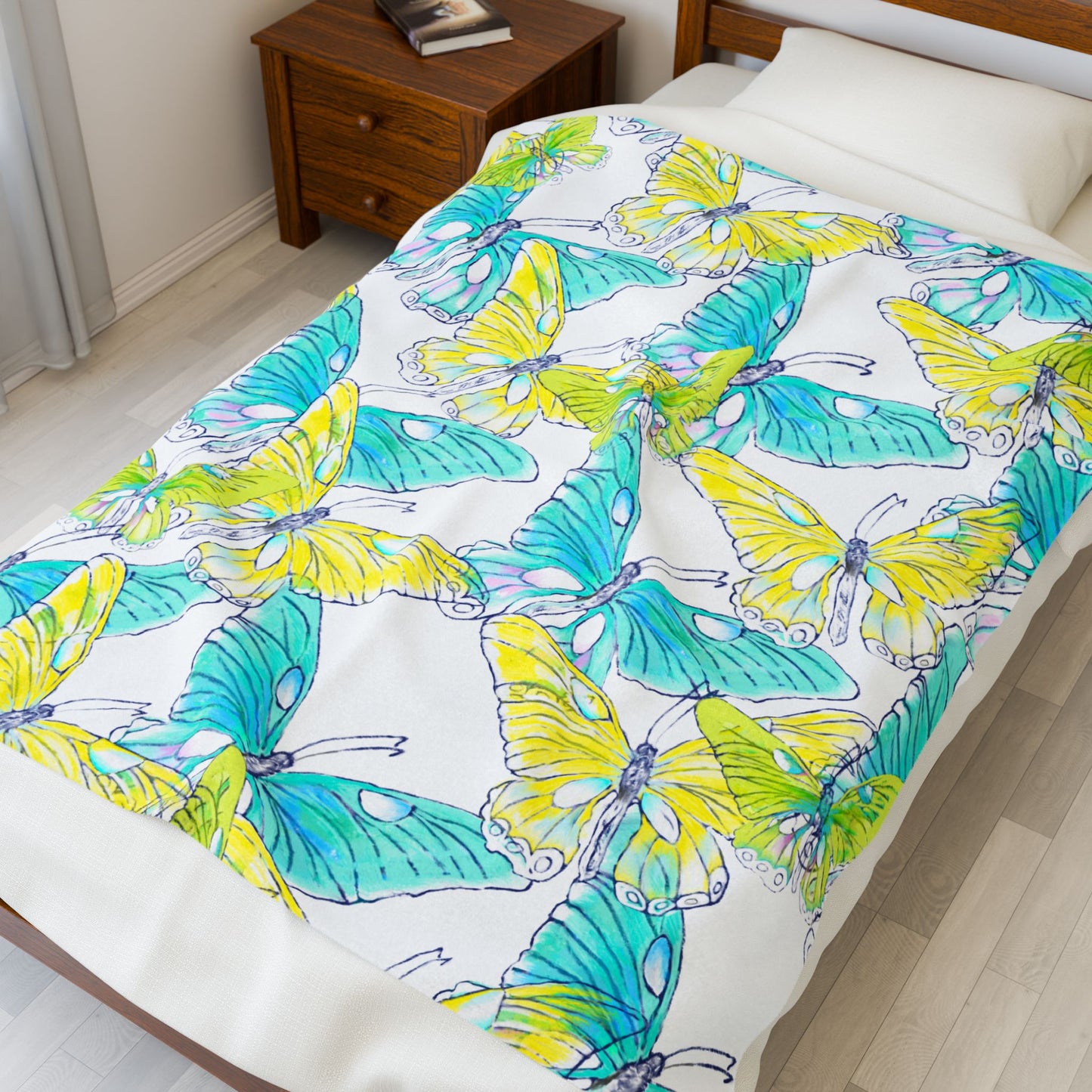 Butterfly Swing Velveteen Plush Blanket, Aqua and Yellow. 50"x 60", 60"x80"