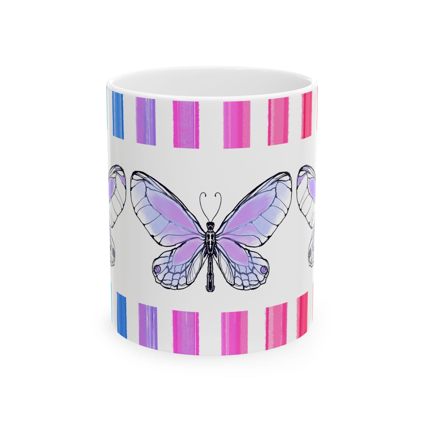 Butterfly Flutterstripe Ceramic Mug in Lavender with Multi-color Striped Border, (Available in 2 sizes 11oz and 15oz)