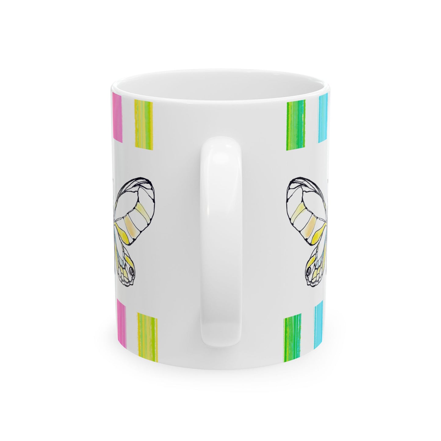 Butterfly Rainbow Stripe Ceramic Mug in Yellow with Multi-color Striped Border, (Available in 2 sizes 11oz and 15oz)