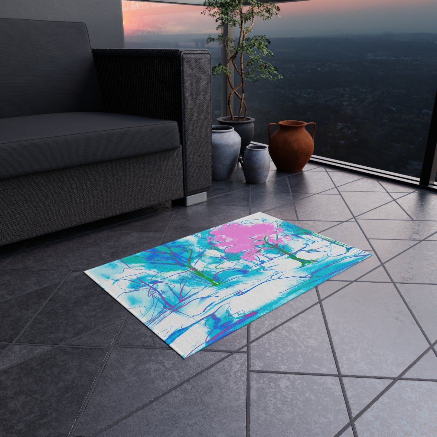 Joyful Landscapes Indoor/Outdoor Rug , Pink and Blue, Non-slip