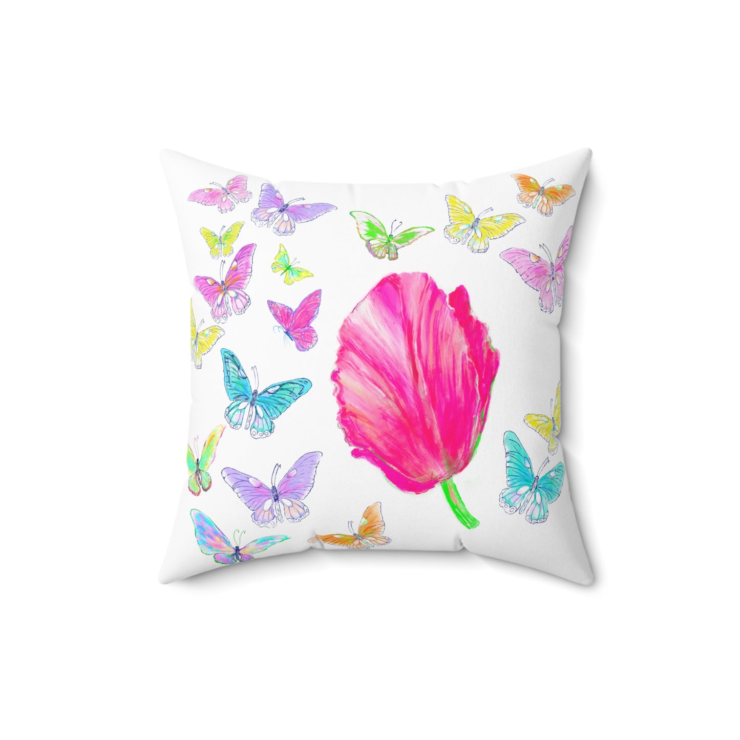 Dancing Tulips Butterflies Spun Polyester Square Pillow. Multi-Color Butterflies, Raspberry Tulip