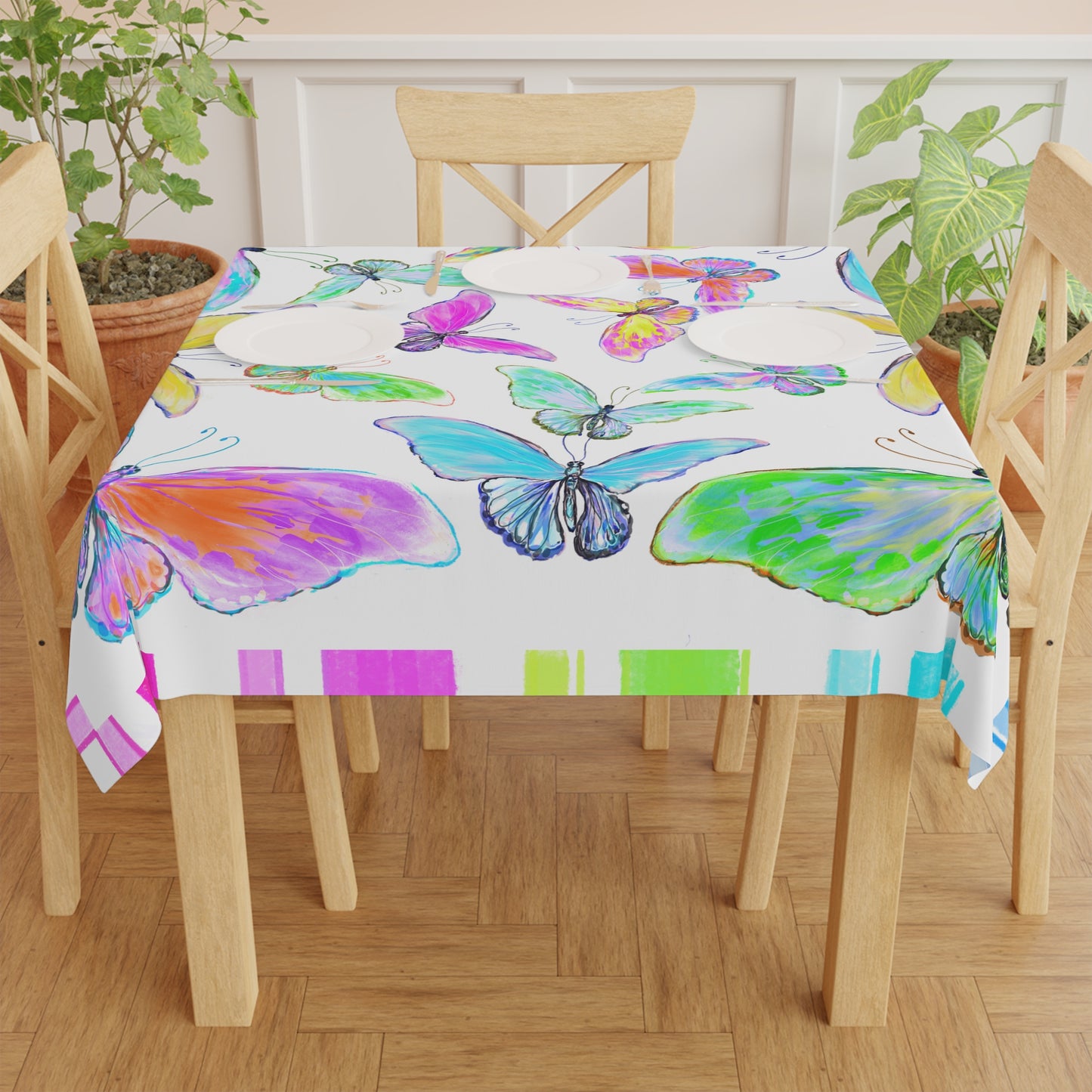 Butterfly Jive Tablecloth Multi color stripes and mutti (square, 55" x 55")