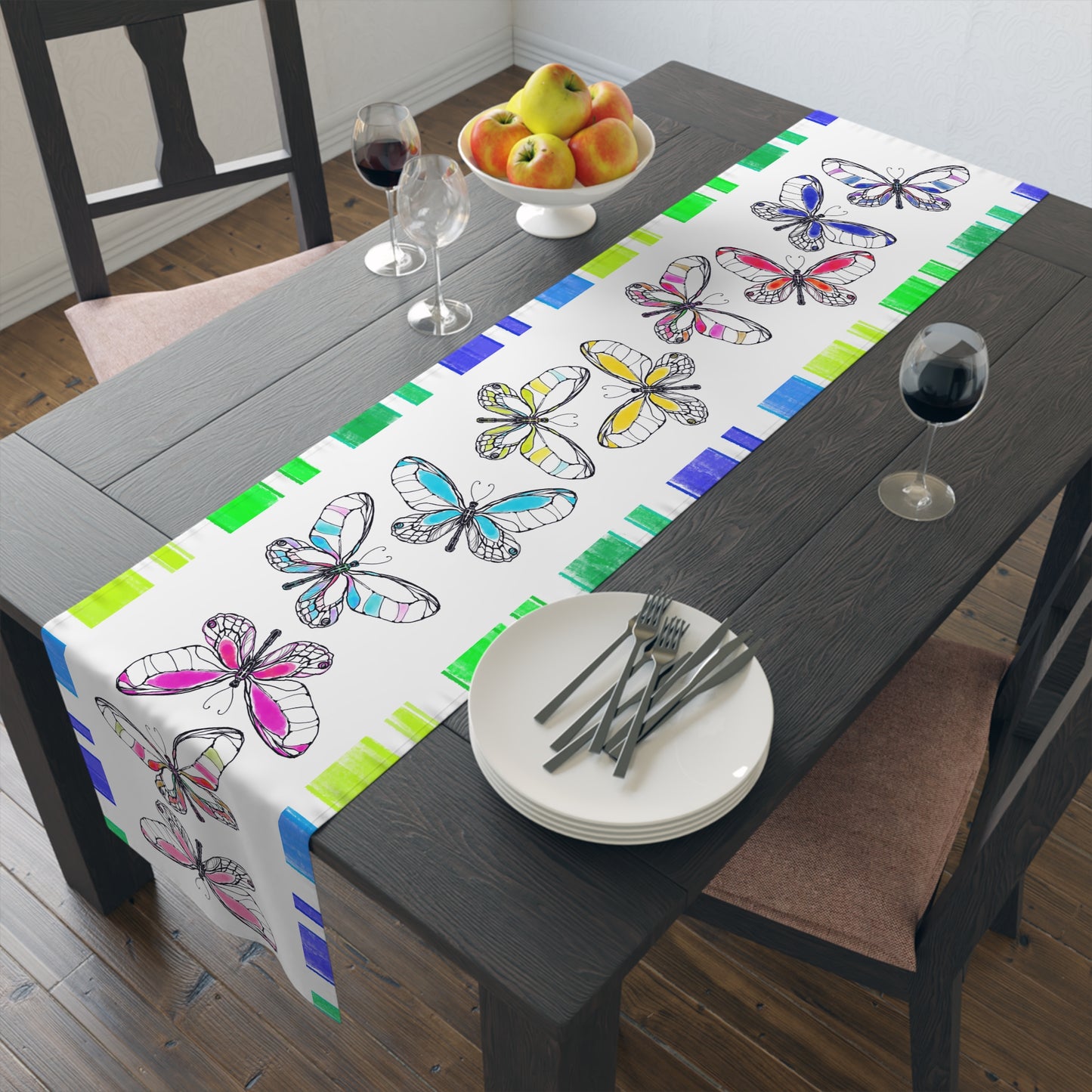 Butterfly Flutterstripe Table Runner in Multi-color With Blue/Green Border 1 size ( 16" Γ 72") (available in Cotton (Creamier) & Polyester (Whiter)