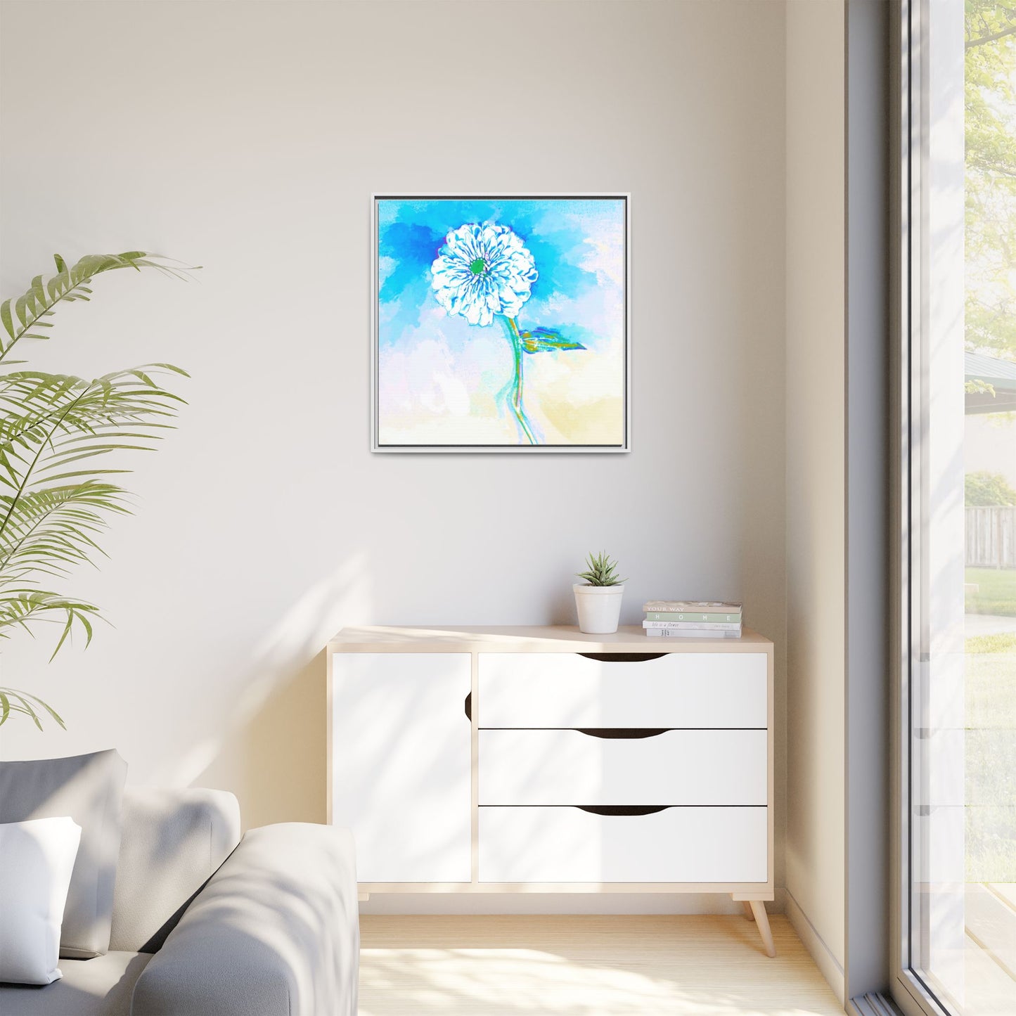 Zinnia Color Splash Matte Canvas Blue Aqua Framed