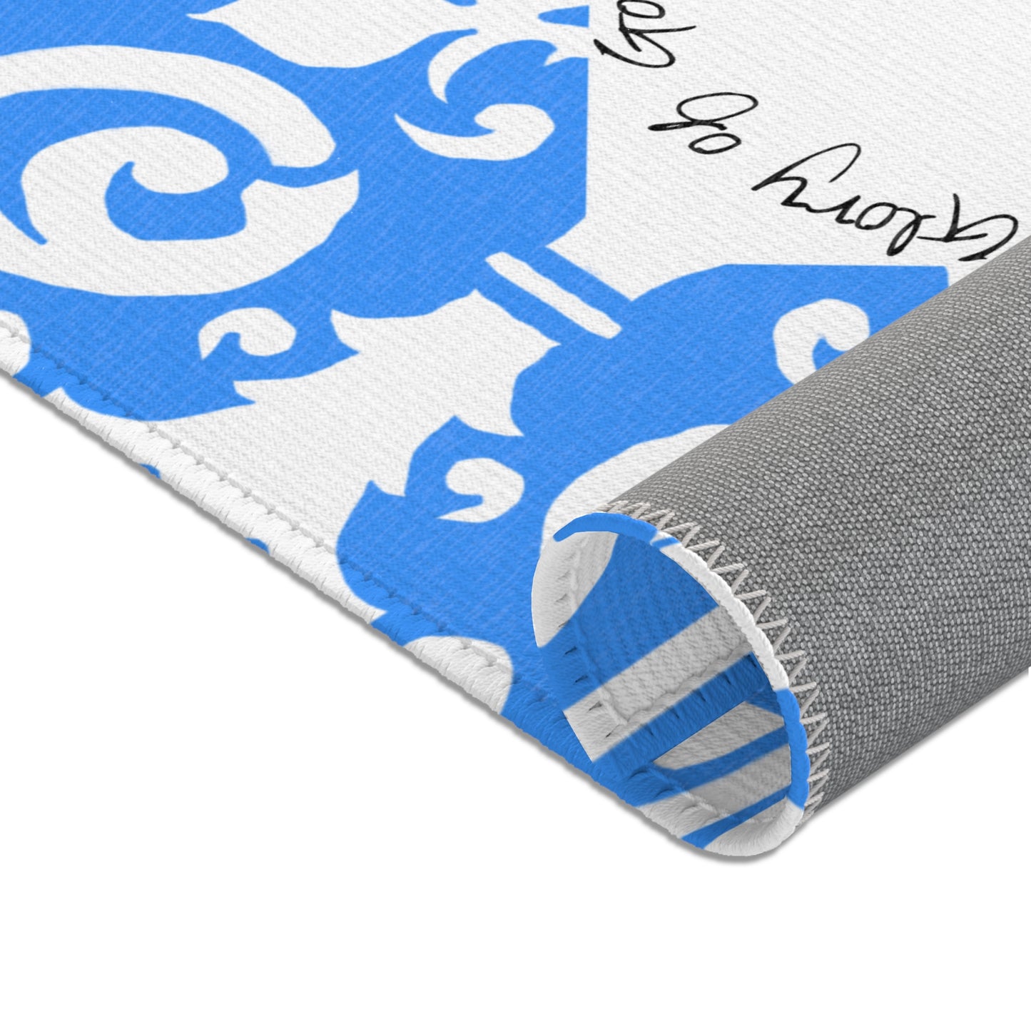 Scrollwork Indoor/Outdoor Rug Blue "Soli Deo Gloria..."