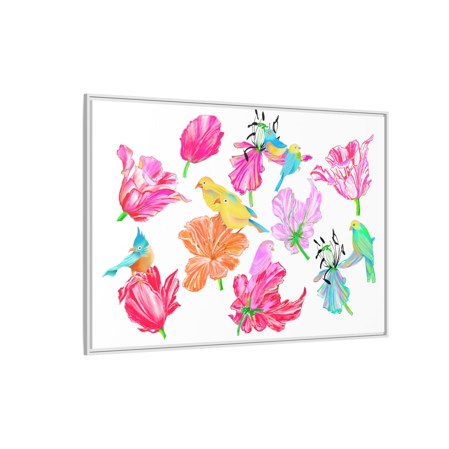 Vibrant Tulips Matte Canvas, Frame with birds