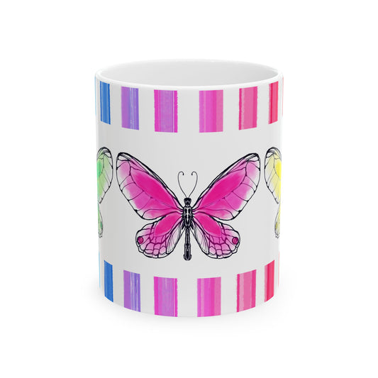 Butterfly Rainbow Stripe Ceramic Mug in Pink, Yellow, and Green with Multi-color Striped Border, (Available in 2 sizes 11oz and 15oz)