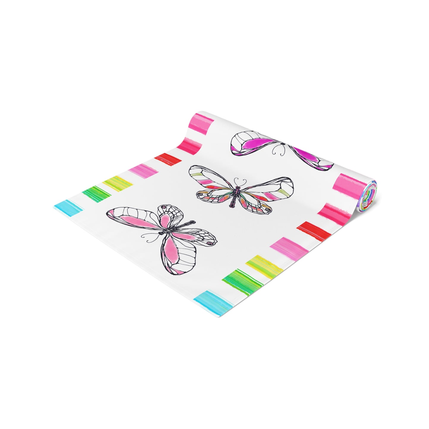 Butterfly Flutterstripe Table Runner in Multi-color with Checked Border 1 size ( 16" Γ 90") (available in Cotton " creamier" & Polyester "whiter"