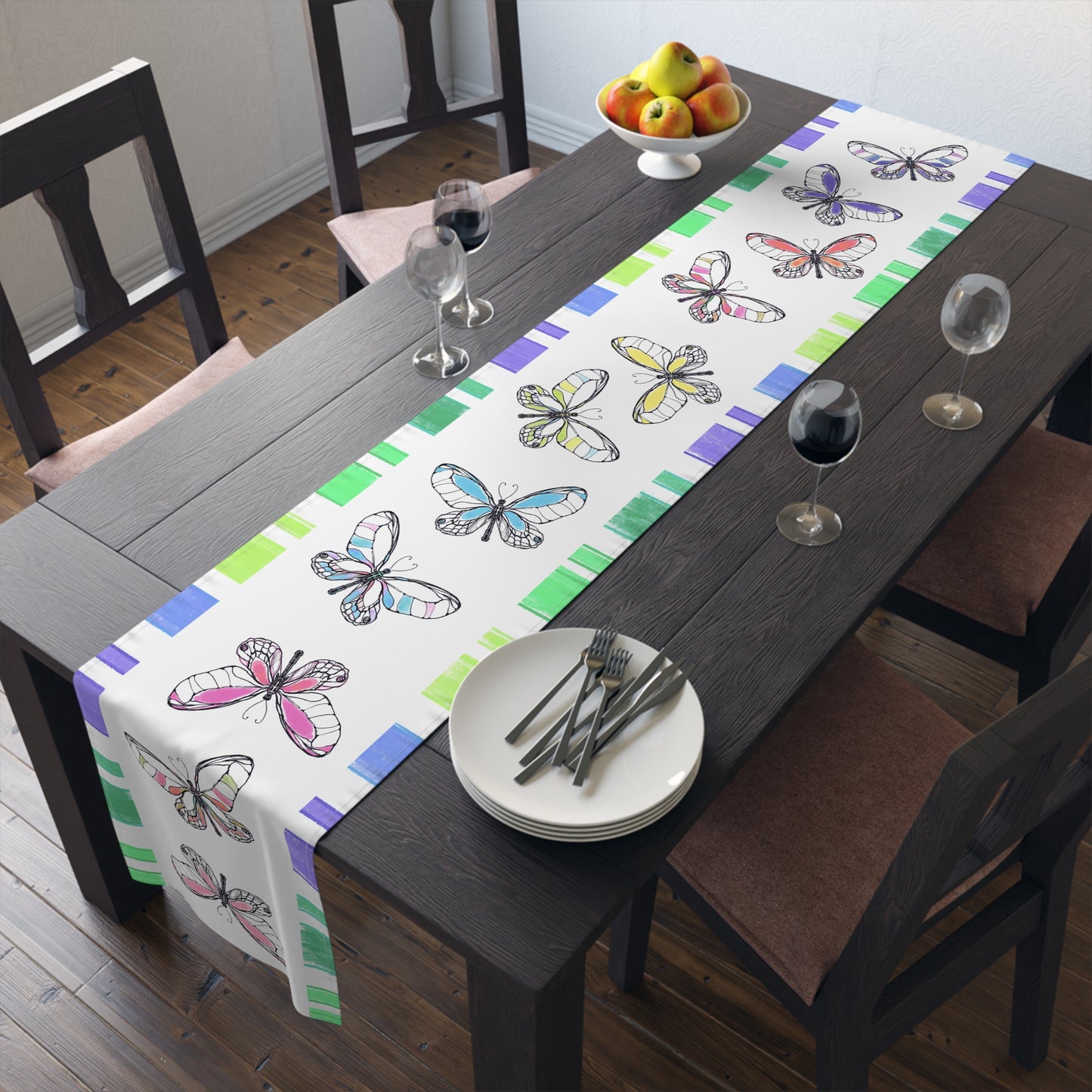 Butterfly Flutterstripe Table Runner in Multi-color With Blue/Green Border 1 size ( 16" Γ 90") (available in Cotton (Creamier) & Polyester (Whiter)