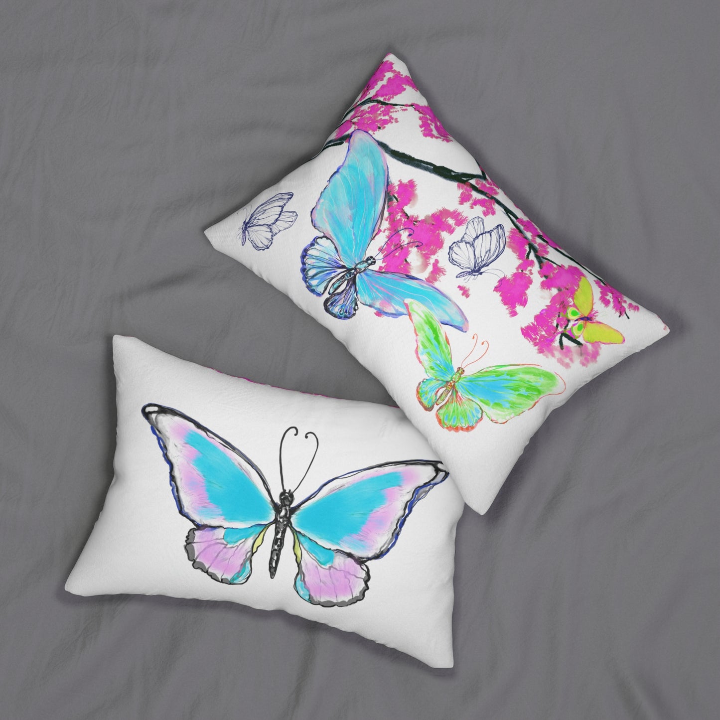 Blossom Glide Single Spun Polyester Lumbar Pillow Large Aqua Butterfly on the back, Spun Polyester Lumbar Pillow