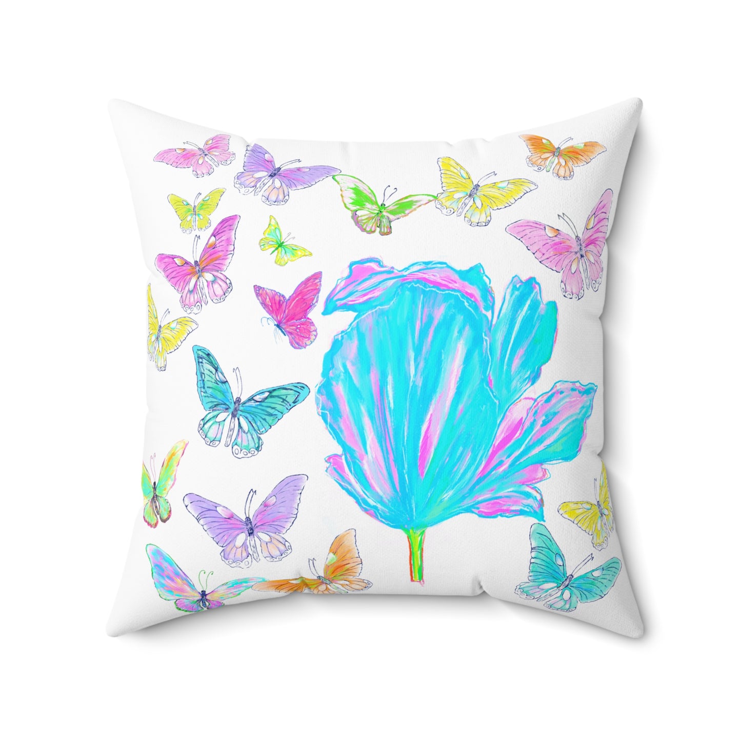 Dancing Tulips Butterflies Spun Polyester Square Pillow. Multi-Color Butterflies, Aqua Tulip