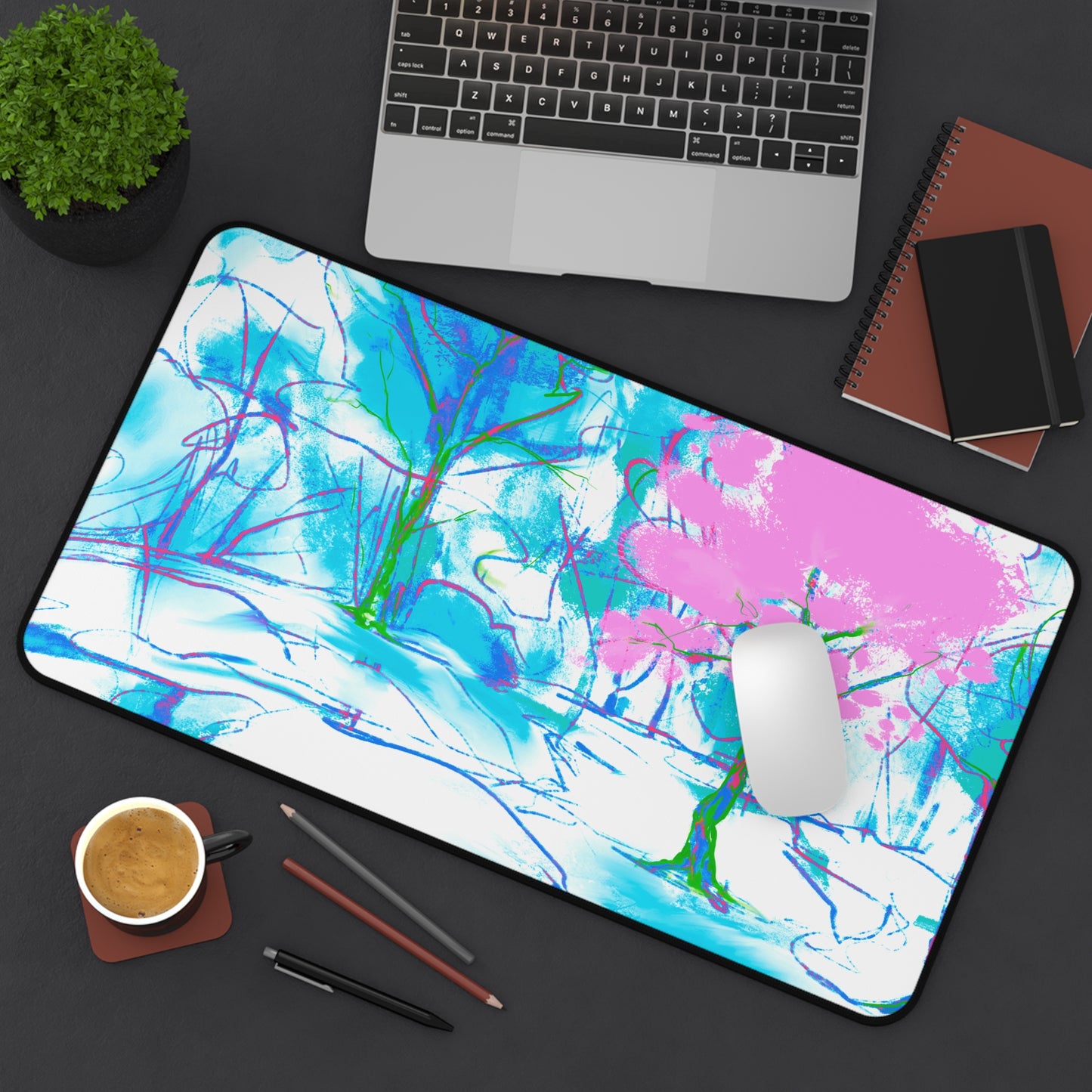 Joyful Landscapes Desk Mat, Pink, Green, and Periwinkle