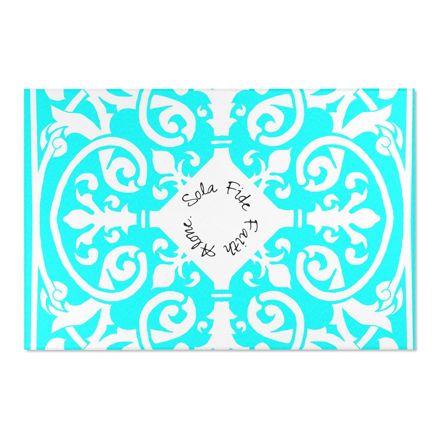 Scrollwork Indoor/Outdoor Rug Aqua "Sola Fide..."